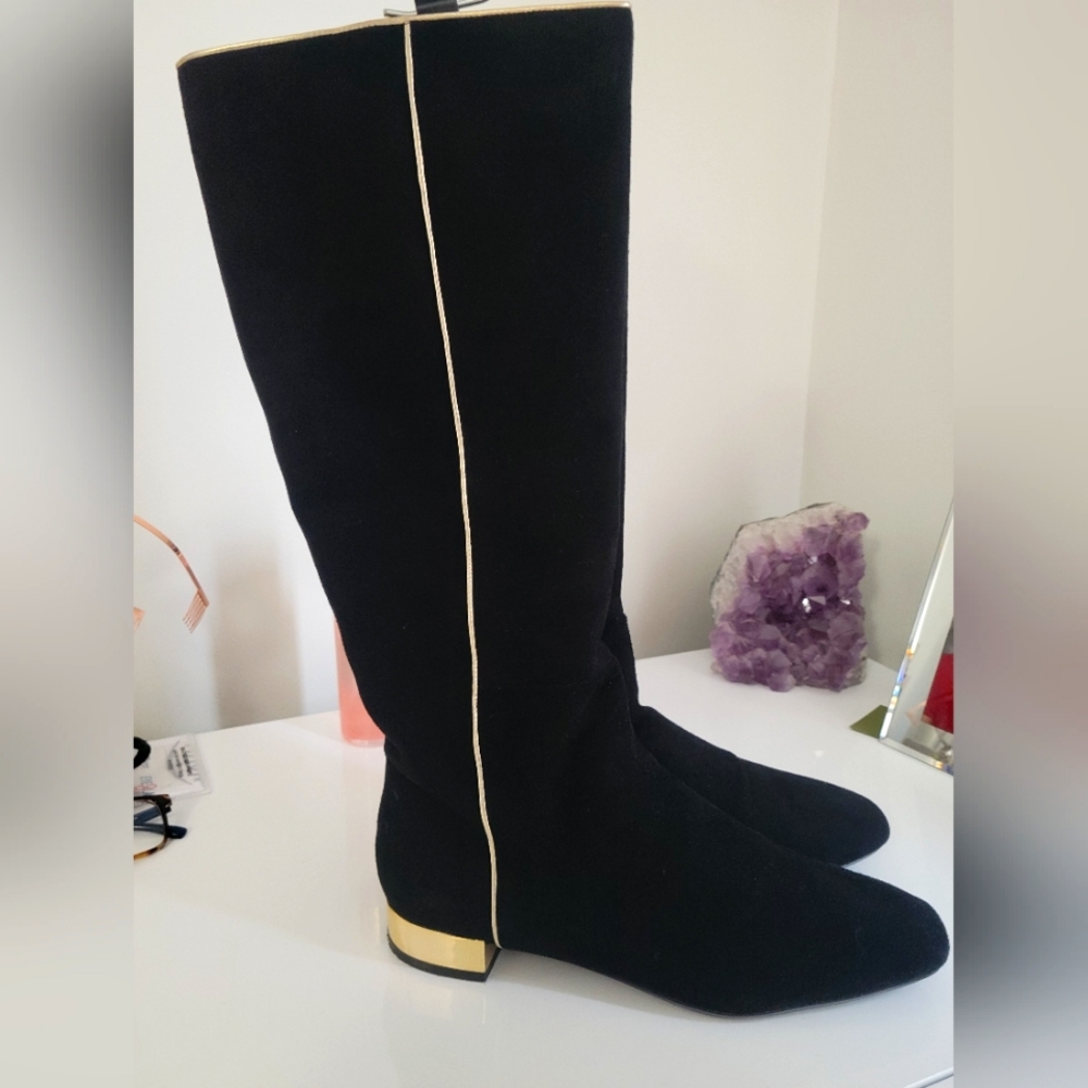 Isaac Mizrahi tall sweade boots with gold heels. Size 10.